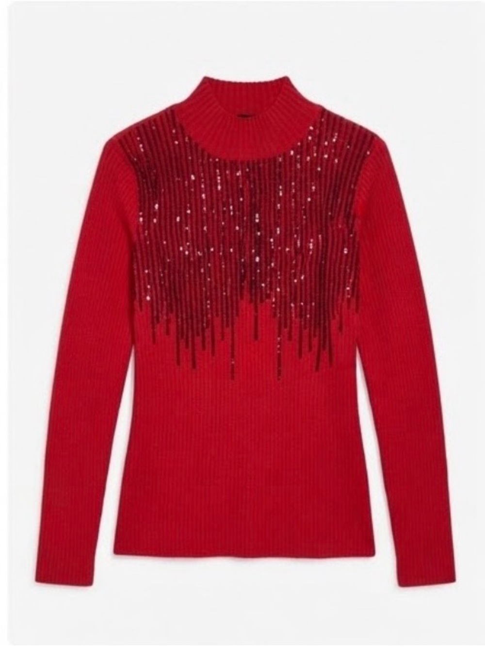 Express Red Ribbed Mock Neck Sweater with Red Sequin Fringe (Size M)
